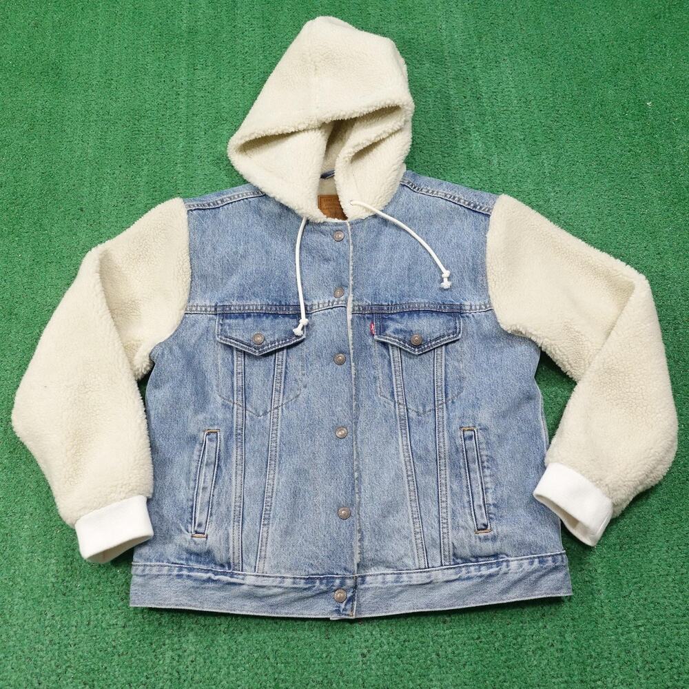 Levis Denim Trucker Jacket Womens Large Ex-Boyfriend Sherpa Sleeve Hood Premium‎
